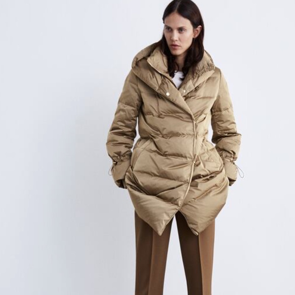 ZARA CAMEL DOWN PUFFER COAT WRAP AROUND COLLAR